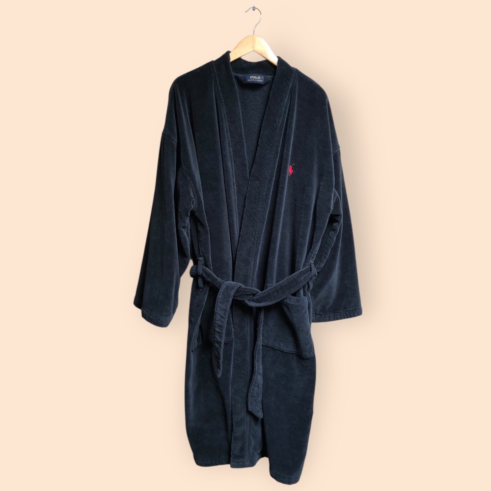 Polo Ralph Lauren MENS Sleepwear Soft Cotton Kimono Velour Robe Black MENS L/XL